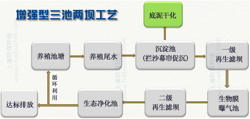 增強型三池兩壩工藝包括：促沉沉淀池，生物膜曝氣池、含有生境填料的生態凈化池以及配套的2道可再生濾壩。